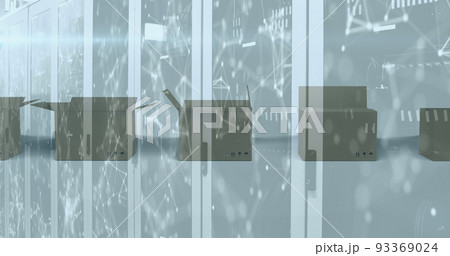 Image of network of connections over computer servers over cardboard boxes moving Image of network of connections over computer servers over cardboard boxes moving 93369024