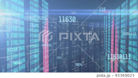 Image of numbers changing over tech room with computer servers 93369025