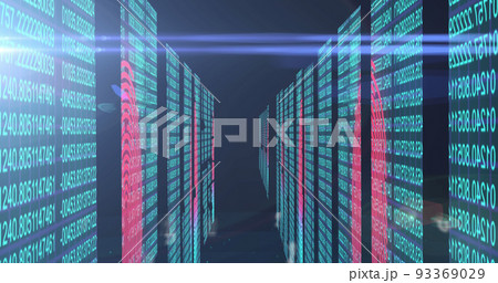 Image of numbers changing over tech room with computer servers 93369029