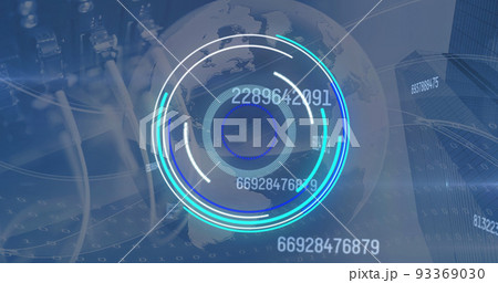 Image of digital interface showing circular scope and rising numbers with server network cables Image of digital interface showing circular scope and rising numbers with server network cables 93369030