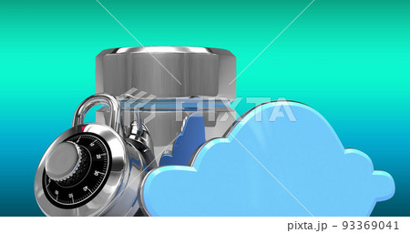 Database server and cloud icon against blue and green gradient background Database server and cloud icon against blue and green gradient background 93369041
