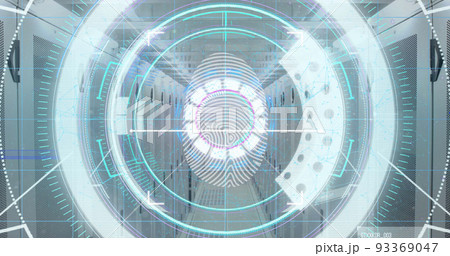 Image of scope scanning and biometric fingerprint over computer servers in background Image of scope scanning and biometric fingerprint over computer servers in background 93369047