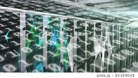 Image of binary coding over tech room with computer servers Image of binary coding over tech room with computer servers 93369048