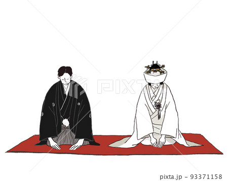 毛氈(もうせん)に座り、お辞儀をする和装の新郎新婦(角隠し)、カラー 毛氈(もうせん)に座り、お辞儀をする和装の新郎新婦(角隠し)、カラー 93371158