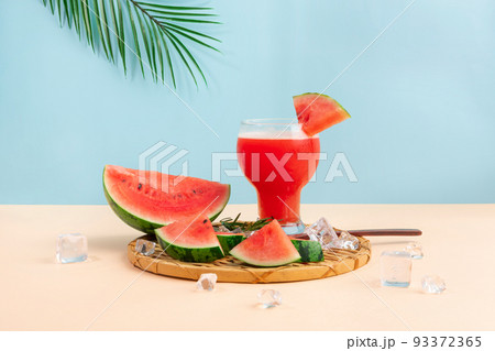 summer background with watermelon ade, juice drink with watermelon fruit 93372365