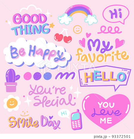 cute speech playing with bubbles and doodle sticker set vector illustration 93372501