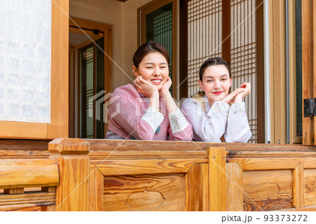 Experience Hanok, Korean traditional house_korean young woman greeting hand motion Experience Hanok, Korean traditional house_korean young woman greeting hand motion 93373272