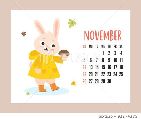 November 2023 calendar. Cute bunny in raincoat and rubber boots with mushroom on white background with autumn leaves. Vector illustration. horizontal Template. Week from Sunday In English. 93374375