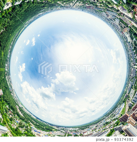 Aerial city view with crossroads and roads, houses, buildings, parks and parking lots. Sunny summer panoramic image Aerial city view with crossroads and roads, houses, buildings, parks and parking lots. Sunny summer panoramic image 93374392