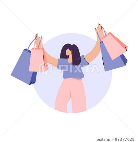 Happy vector girl with shopping bags sale black Friday. Woman in fashion store. Glamour lifestyle people. Isolated flat illustration in round background Happy vector girl with shopping bags sale black Friday. Woman in fashion store. Glamour lifestyle people. Isolated flat illustration in round background 93377029