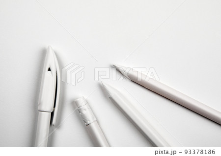White stationery on a white background. Abstract study and office table White stationery on a white background. Abstract study and office table 93378186