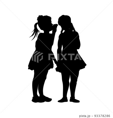 Gossip girls silhouette. Kid tell secret for friend. Children conversation. Childhood scene Gossip girls silhouette. Kid tell secret for friend. Children conversation. Childhood scene 93378286