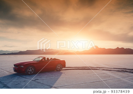 BONNEVILLE ,UTAH, USA JUNE 4, 2015 Photo of a Ford Mustang Convertible 2012 version at Bonneville Salt Flats,Utah,USA. The fifth generation began with the 2005 model year to 2014. 93378439