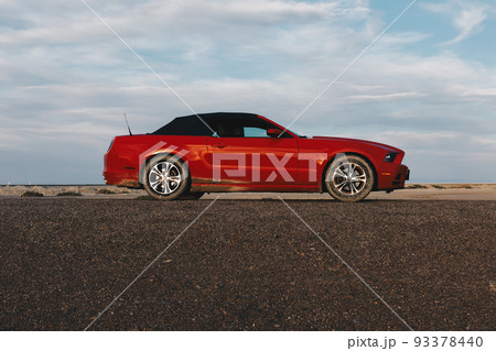 BONNEVILLE ,UTAH, USA JUNE 4, 2015 Photo of a Ford Mustang Convertible 2012 version at Bonneville Salt Flats,Utah,USA. The fifth generation began with the 2005 model year to 2014. 93378440