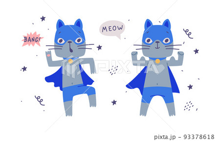 Funny super kitten pet animal character in blue mask and cape set cartoon vector illustration 93378618