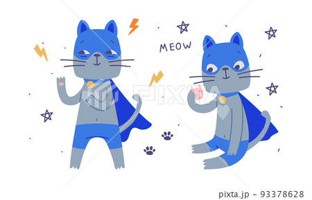 Funny super cat set. Cute kitten pet animal character in blue mask and cape cartoon vector illustration 93378628