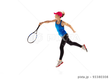Young sportive woman, tennis player playing tennis isolated on white background. Healthy lifestyle, fitness, sport, exercise concept. Young sportive woman, tennis player playing tennis isolated on white background. Healthy lifestyle, fitness, sport, exercise concept. 93380308