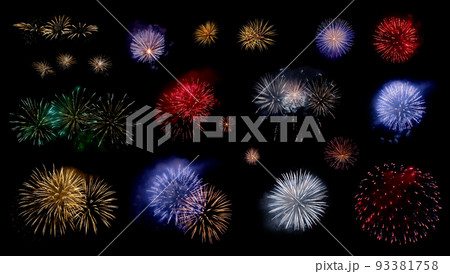 Multicolored fireworks set isolated on a black background. 93381758