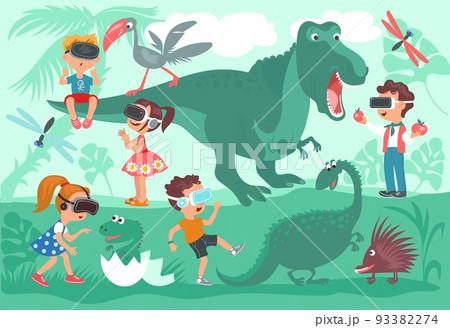 Kids in virtual reality. Little children use VR glasses. Travel and learning simulator. Dinosaurs age visit. Cyberspace excursion. Boys or girls with game goggles. Splendid vector concept Kids in virtual reality. Little children use VR glasses. Travel and learning simulator. Dinosaurs age visit. Cyberspace excursion. Boys or girls with game goggles. Splendid vector concept 93382274