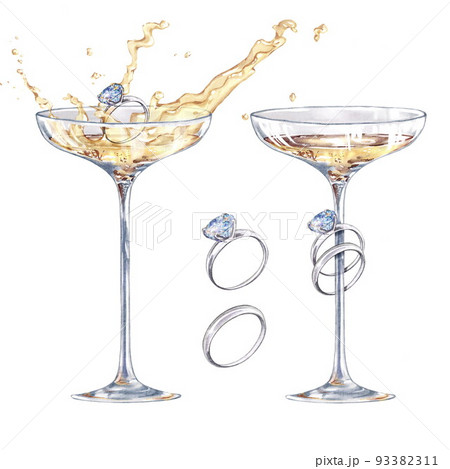 Festive wine glasses with splashes of champagne. Isolated on white. Wedding Set 93382311