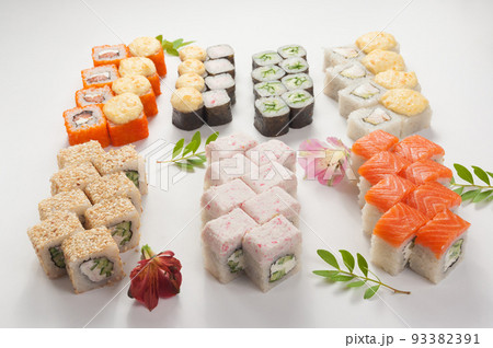assorted or set of sushi rolls on a white background 93382391