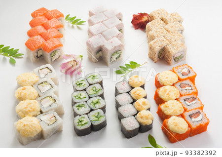 assorted or set of sushi rolls on a white background assorted or set of sushi rolls on a white background 93382392