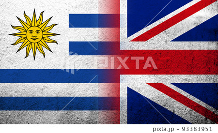 National flag of United Kingdom (Great Britain) Union Jack with The Oriental Republic of the Uruguay National flag. Grunge background National flag of United Kingdom (Great Britain) Union Jack with The Oriental Republic of the Uruguay National flag. Grunge background 93383951
