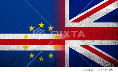 National flag of United Kingdom (Great Britain) Union Jack with Cape Verde National flag. Grunge background 93384051
