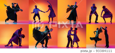 Collage with images of young dance ballroom couples in stage attires dancing over orange background in neon light. 93384111
