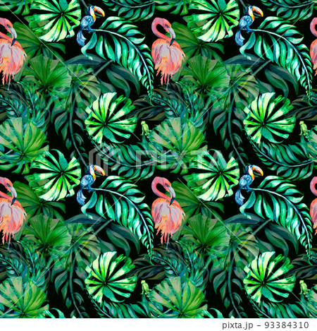 Tropical birds and palm leaves watercolor seamless pattern on black background Tropical birds and palm leaves watercolor seamless pattern on black background 93384310