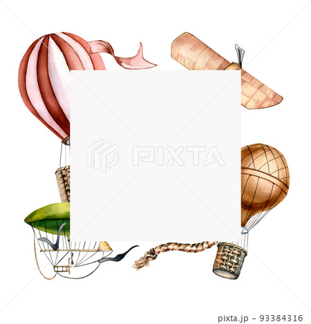 Frame of vintage aircraft watercolor illustration isolated on white background. Frame of vintage aircraft watercolor illustration isolated on white background. 93384316