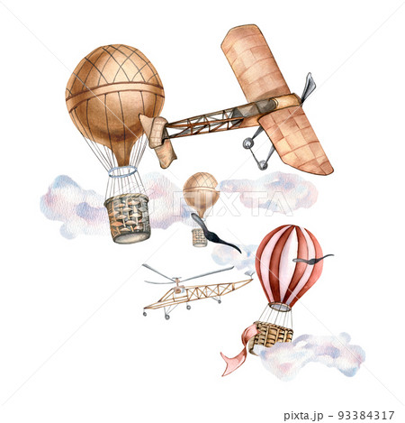 Composition of vintage airplanes watercolor illustration isolated on white background. 93384317