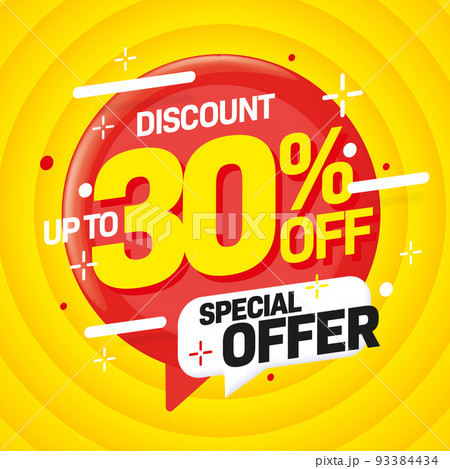 Up to 30 percent off discount. Special offer promotion. Sale sticker, banner or badge label for sale marketing campaign and clearance promotion vector illustration 93384434