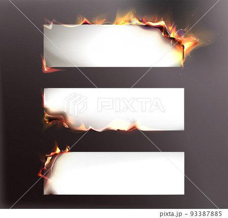 Realistic burned paper sheets with fire and black ash 93387885