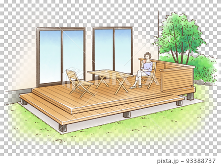 Middle-aged woman relaxing on a wooden deck 93388737