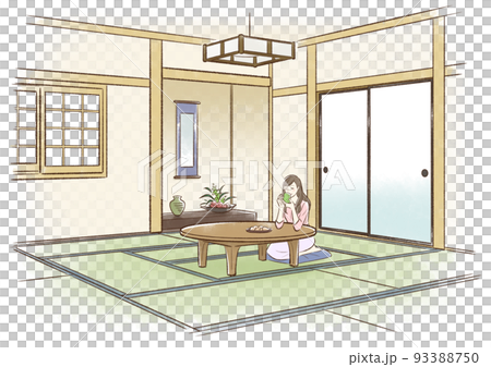 A young woman relaxing at a table in a Japanese-style room 93388750