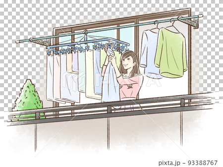 家のベランダで洗濯物を干す若い女性 93388767