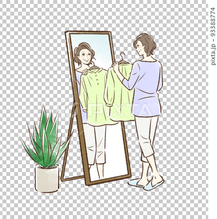 姿見の前で服を合わせる中年女性と観葉植物＿背景なし 93388774