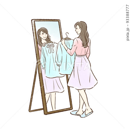 姿見の前で服を合わせる若い女性＿背景なし 93388777