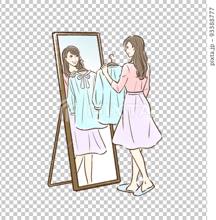 姿見の前で服を合わせる若い女性＿背景なし 93388777