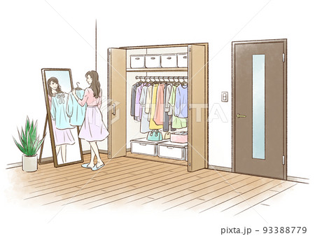姿見の前で服を合わせる若い女性 93388779