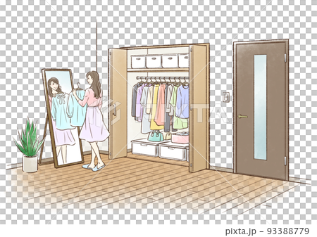 姿見の前で服を合わせる若い女性 93388779