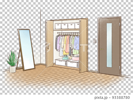 扉が開いたクローゼットと姿見＿中身あり 93388780