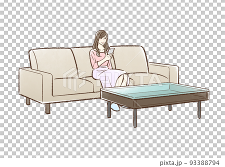 ソファに座りスマホを見る若い女性 93388794