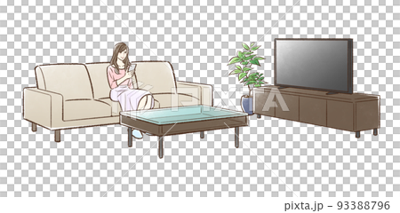 リビングのソファに座りスマホを見る若い女性＿背景なし 93388796