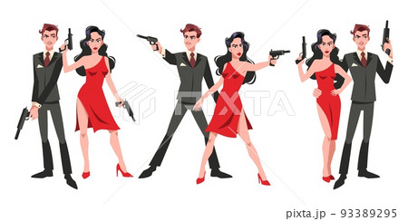 Secret super agents couple. Cartoon man and women spy characters with weapons, different poses, red dress and formal suit, gentleman and lady criminal persons with guns. Tidy vector set Secret super agents couple. Cartoon man and women spy characters with weapons, different poses, red dress and formal suit, gentleman and lady criminal persons with guns. Tidy vector set 93389295