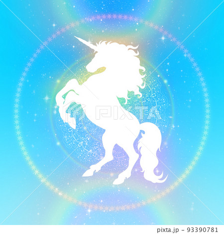ターコイズブルーと虹の背景にユニコーンのシルエットイラスト素材 93390781