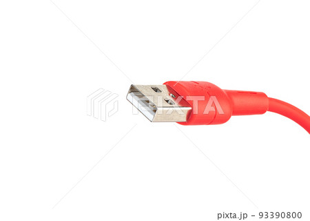 Closeup of usb connector on red wire isolated on white background. Closeup of usb connector on red wire isolated on white background. 93390800