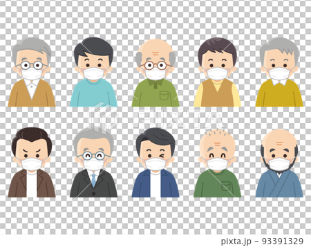 マスクを付けた中高年男性のアイコンセット バリエーション 色々 マスクを付けた中高年男性のアイコンセット バリエーション 色々 93391329