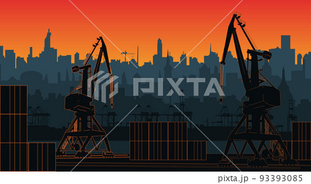 Silhouette commercial port with containers and cargo cranes, city skyline on background with sunset sky. Cityscape and cargo port with cranes. 93393085